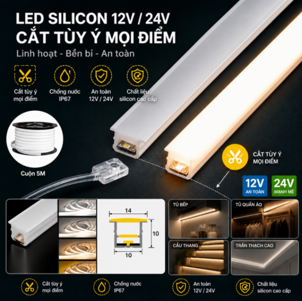 LED Dây Silicon 12V 10x10mm Cắt Đa Điểm – LTP 517-S121010